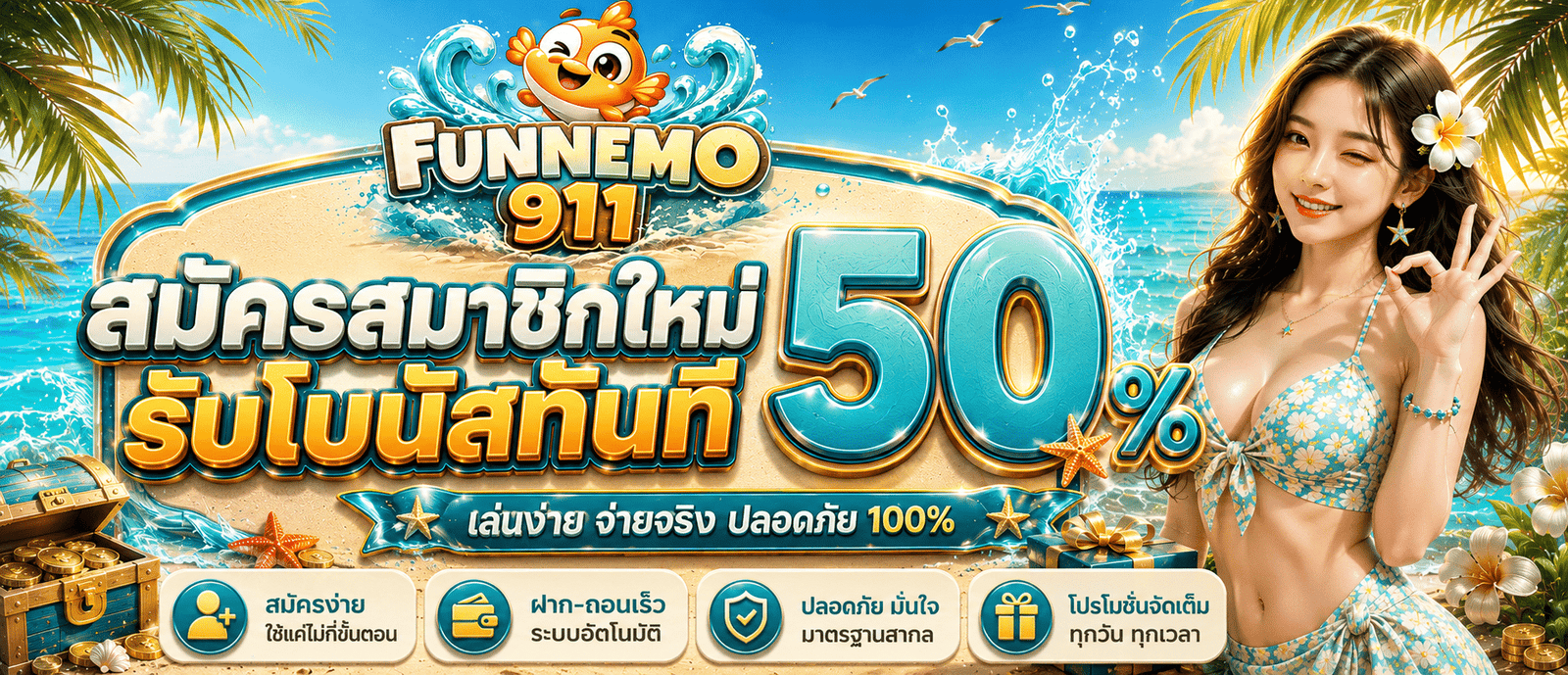 สมัครสมาชิกใหม่รับโบนัสทันที 50 %