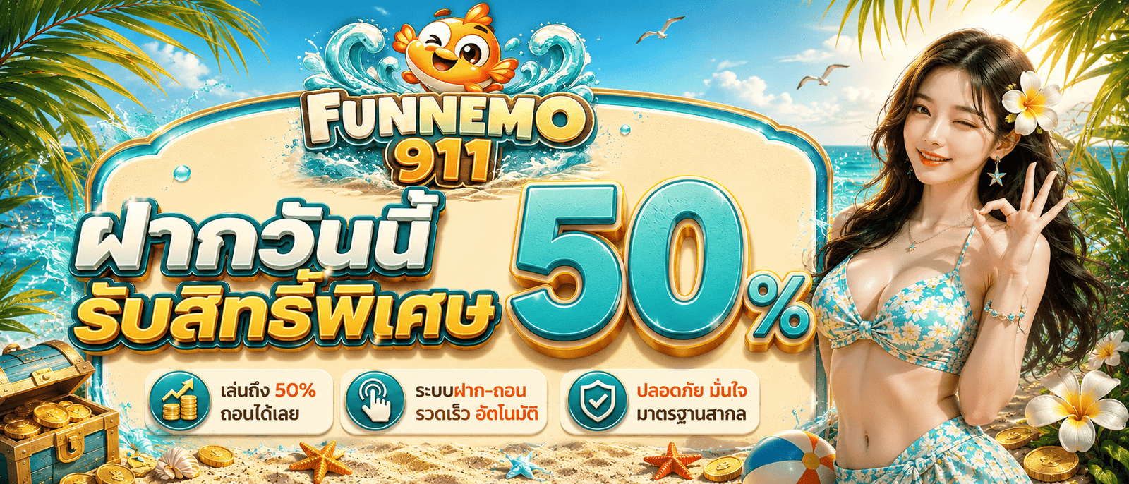 ฝากวันนี้รับสิทธิ์พิเศษ 50 %